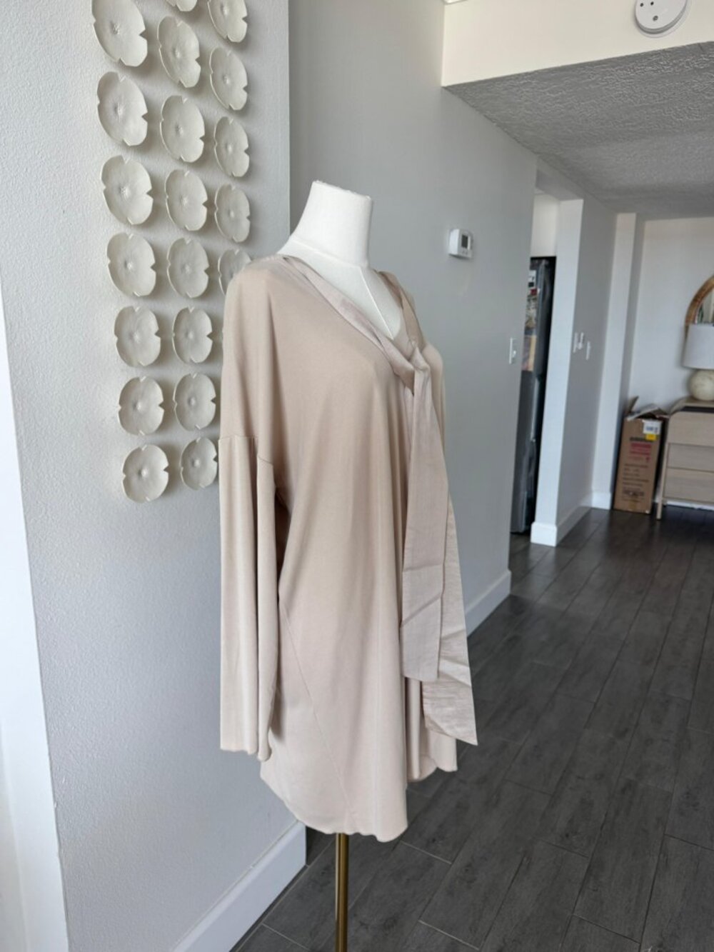 Ioanna Kourbela Oversized Draped Tunic Dress Beige Tie Neck Minimalist OS Fit - Picture 3 of 6